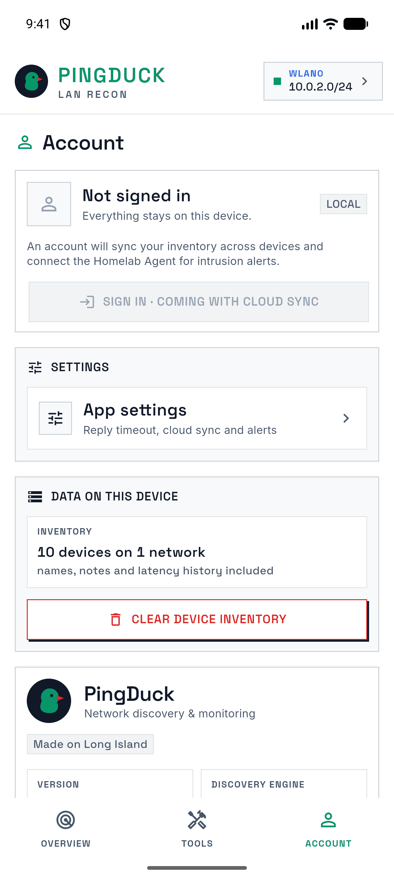 PingDuck Account screen showing all data stored on this device